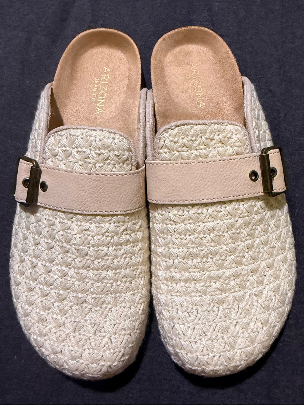 Arizona Jean Company Cream Knit Buckle Mules